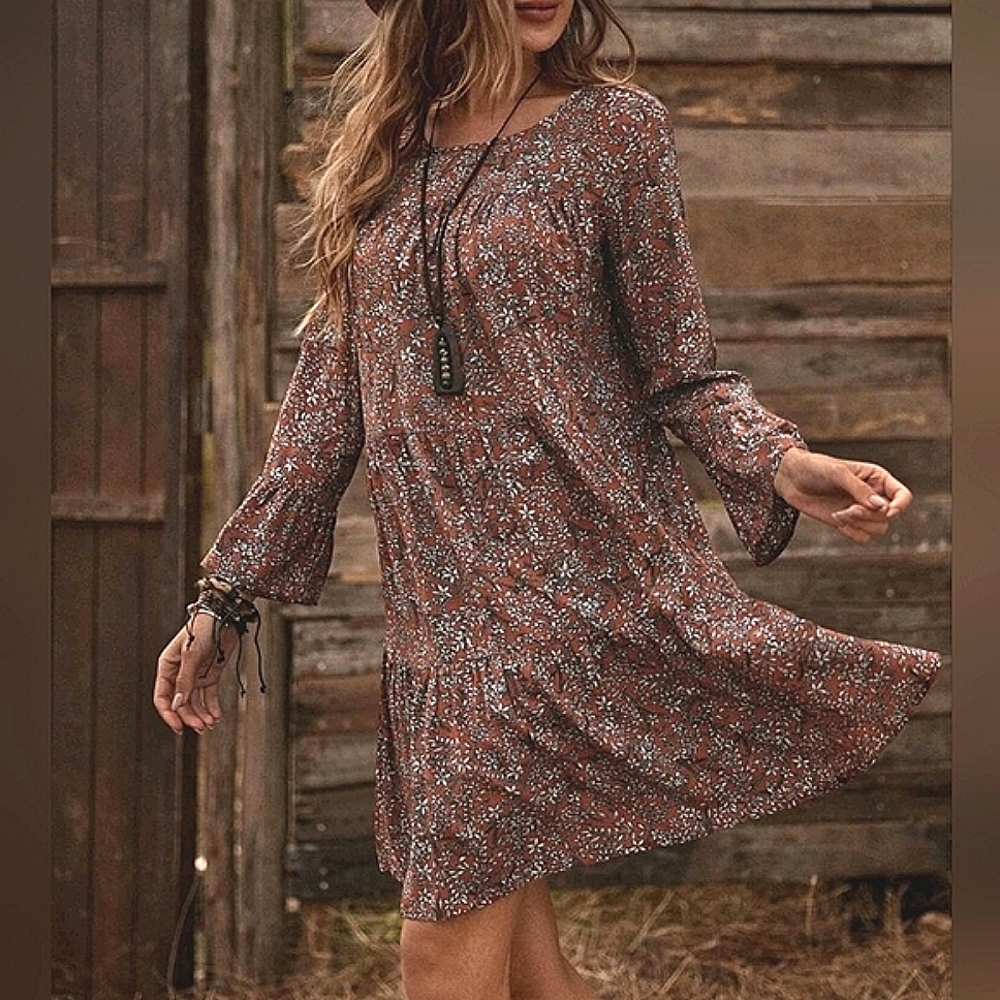 New Boho Floral Mini Dress Tiered Ruffle Mini Burgundy Red Brown White - Picture 2 of 7